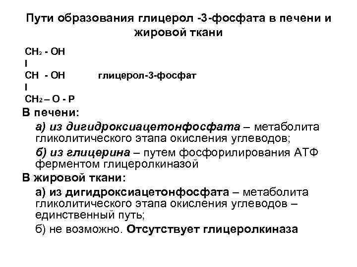 Пути образования глицерол -3 -фосфата в печени и жировой ткани СН 2 - ОН