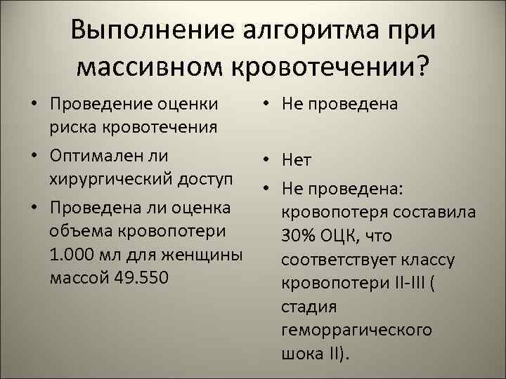 Выполнение алгоритма при массивном кровотечении? • Проведение оценки • Не проведена риска кровотечения •