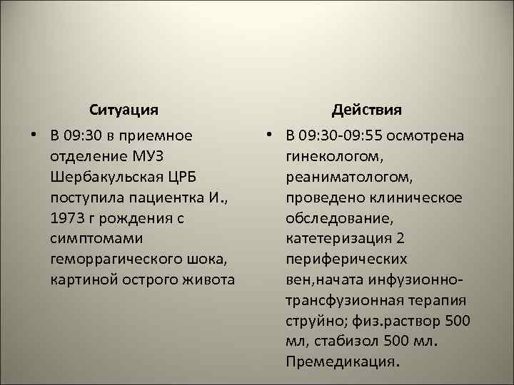 Ситуация • В 09: 30 в приемное отделение МУЗ Шербакульская ЦРБ поступила пациентка И.