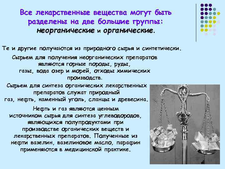 Все лекарственные вещества могут быть разделены на две большие группы: неорганические и органические Те