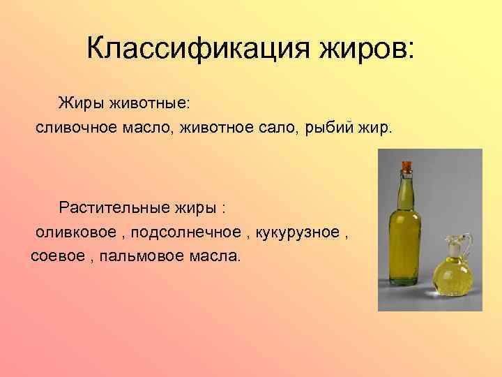 Классификация жиров: Жиры животные: сливочное масло, животное сало, рыбий жир. Растительные жиры : оливковое