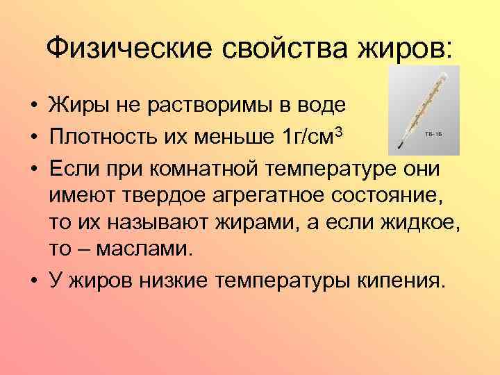 Физические свойства жиров: • Жиры не растворимы в воде • Плотность их меньше 1