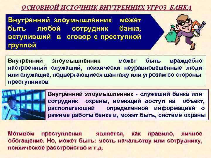 ОСНОВНОЙ ИСТОЧНИК ВНУТРЕННИХ УГРОЗ БАНКА Внутренний злоумышленник может быть любой сотрудник банка, вступивший в