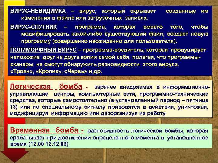 ВИРУС-НЕВИДИМКА – вирус, который скрывает созданные им изменения в файле или загрузочных записях. ВИРУС-СПУТНИК