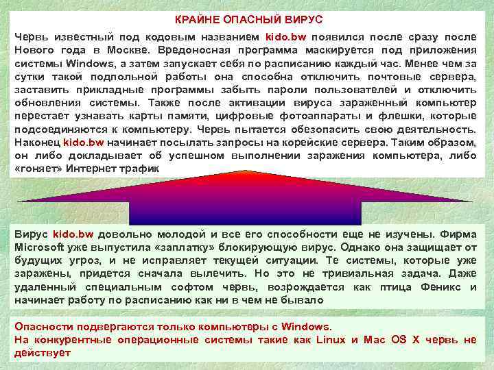  КРАЙНЕ ОПАСНЫЙ ВИРУС Червь известный под кодовым названием kido. bw появился после сразу
