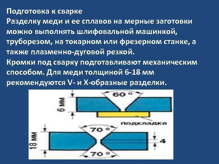Подготовка к сварке Разделку меди и ее сплавов на мерные заготовки можно выполнять шлифовальной