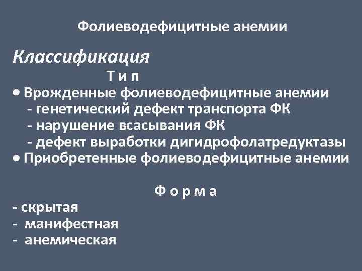 Фолиеводефицитные анемии Классификация Тип Врожденные фолиеводефицитные анемии - генетический дефект транспорта ФК - нарушение