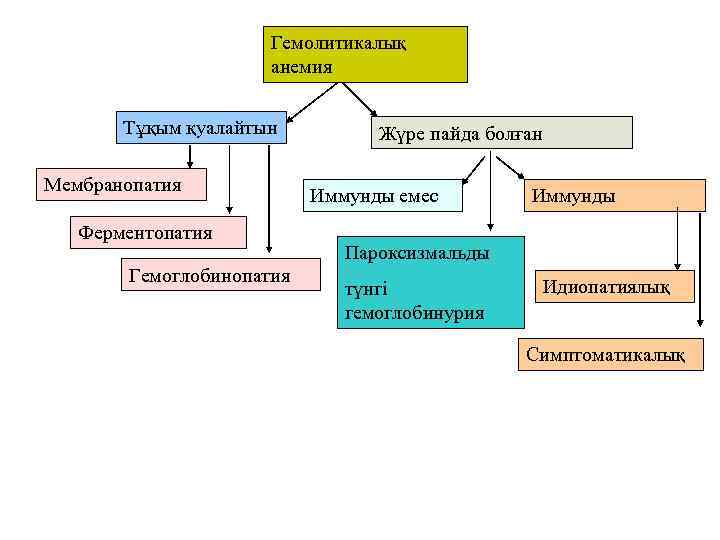 Гемолитикалық анемия Тұқым қуалайтын Мембранопатия Ферментопатия Гемоглобинопатия Жүре пайда болған Иммунды емес Иммунды Пароксизмальды