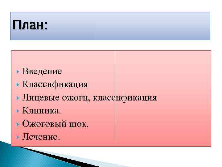 План: Введение Классификация Лицевые ожоги, классификация Клиника. Ожоговый шок. Лечение. 