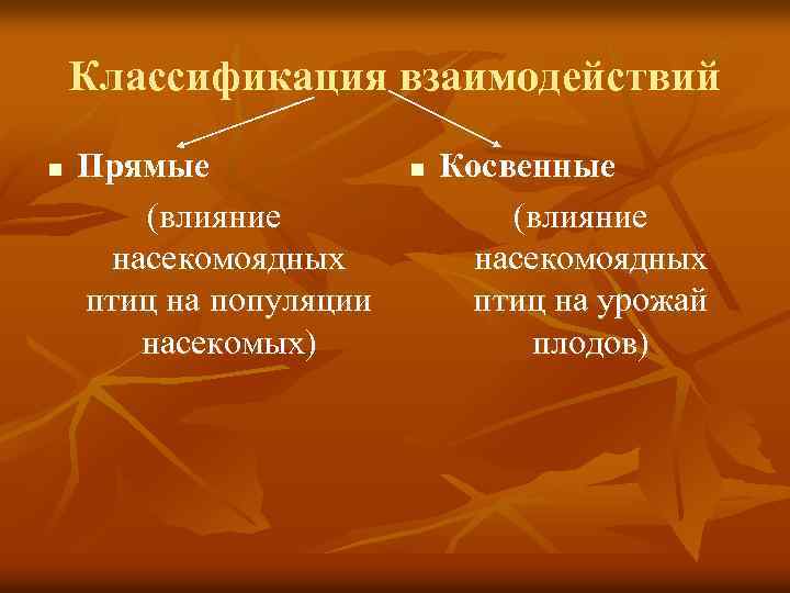 Классификация взаимодействий n Прямые (влияние насекомоядных птиц на популяции насекомых) n Косвенные (влияние насекомоядных