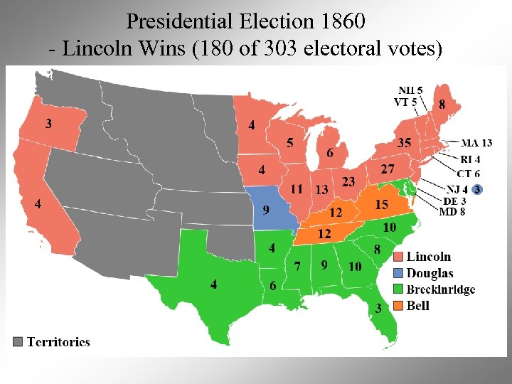Presidential Election 1860 - Lincoln Wins (180 of 303 electoral votes) 
