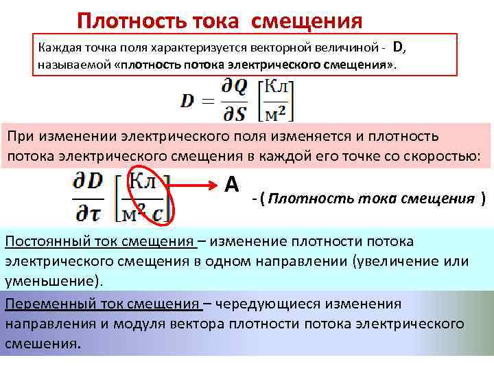 Плотность тока смещения Каждая точка поля характеризуется векторной величиной - D, называемой «плотность потока