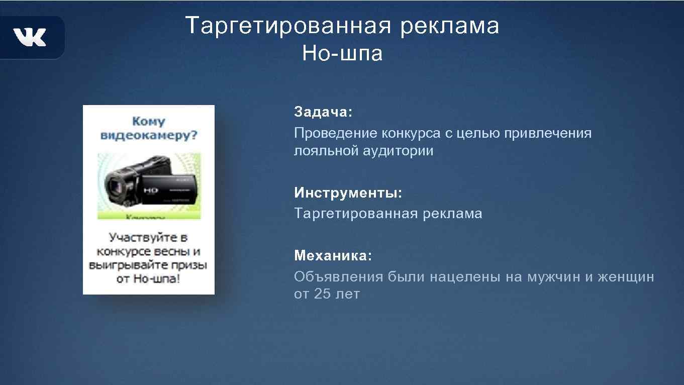 Таргетированная реклама Но-шпа Задача: Проведение конкурса с целью привлечения лояльной аудитории Инструменты: Таргетированная реклама