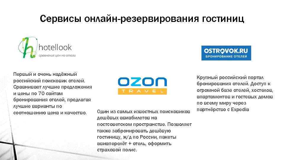 Сервисы онлайн-резервирования гостиниц Первый и очень надёжный российский поисковик отелей. Сравнивает лучшие предложения и