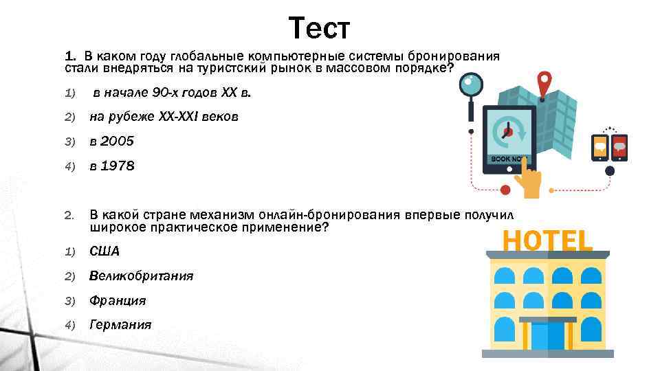 Тест 1. В каком году глобальные компьютерные системы бронирования стали внедряться на туристский рынок