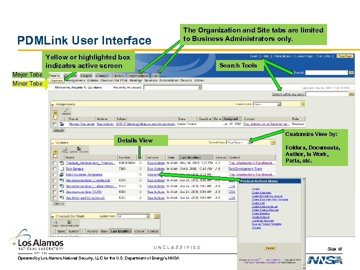 The Organization and Site tabs are limited to Business Administrators only. PDMLink User Interface