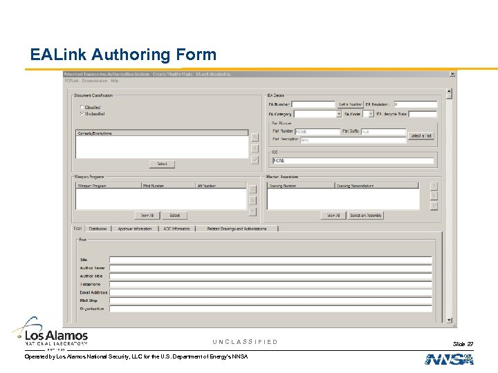 EALink Authoring Form UNCLASSIFIED Operated by Los Alamos National Security, LLC for the U.