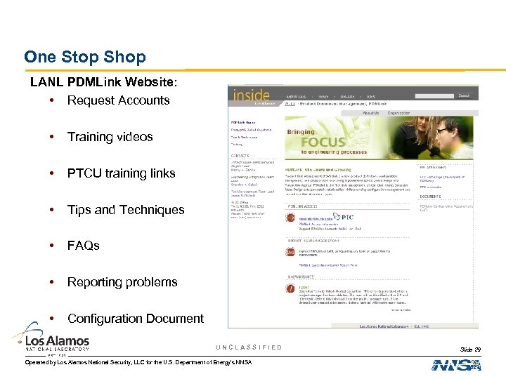 One Stop Shop LANL PDMLink Website: • Request Accounts • Training videos • PTCU