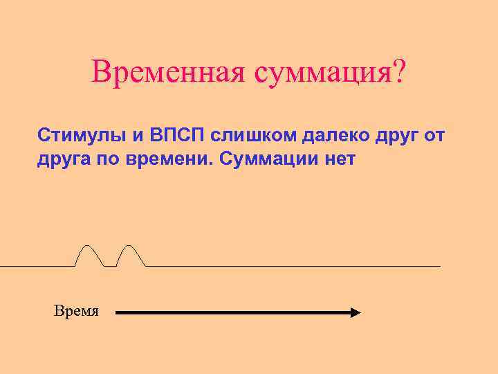 Временная суммация? Стимулы и ВПСП слишком далеко друг от друга по времени. Суммации нет