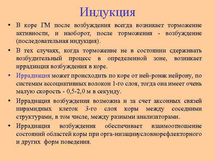 Индукция • В коре ГМ после возбуждения всегда возникает торможение активности, и наоборот, после