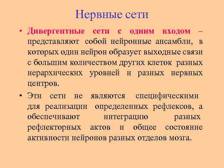 Нервные сети • Дивергентные сети с одним входом – представляют собой нейронные ансамбли, в