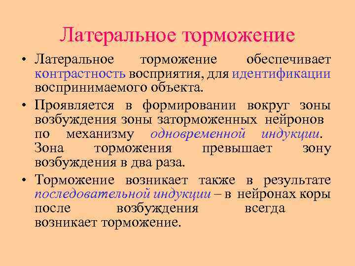 Латеральное торможение • Латеральное торможение обеспечивает контрастность восприятия, для идентификации воспринимаемого объекта. • Проявляется