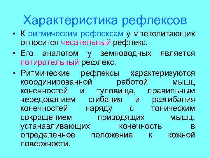 Характеристика рефлексов • К ритмическим рефлексам у млекопитающих относится чесательный рефлекс. • Его аналогом