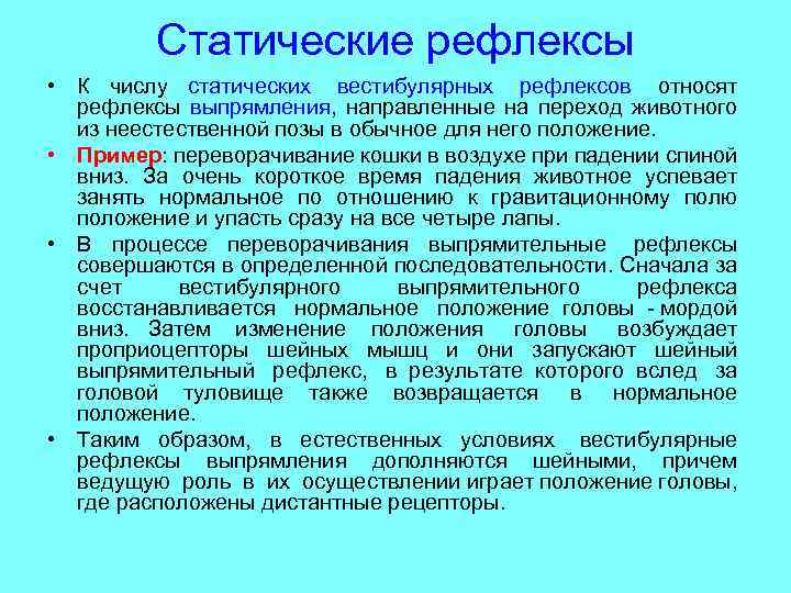 Статические рефлексы • К числу статических вестибулярных рефлексов относят рефлексы выпрямления, направленные на переход