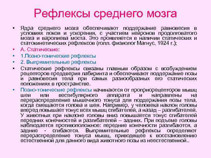 Рефлексы среднего мозга • • • Ядра среднего мозга обеспечивают поддержание равновесия в условиях