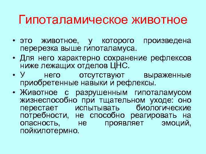 Гипоталамическое животное • это животное, у которого произведена перерезка выше гипоталамуса. • Для него