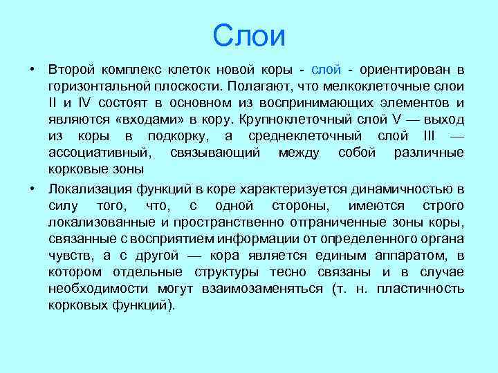 Слои • Второй комплекс клеток новой коры - слой - ориентирован в горизонтальной плоскости.