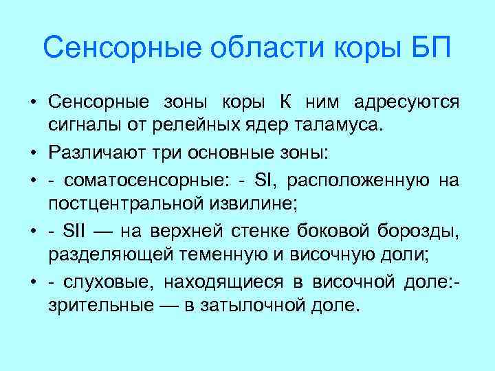 Сенсорные области коры БП • Сенсорные зоны коры К ним адресуются сигналы от релейных