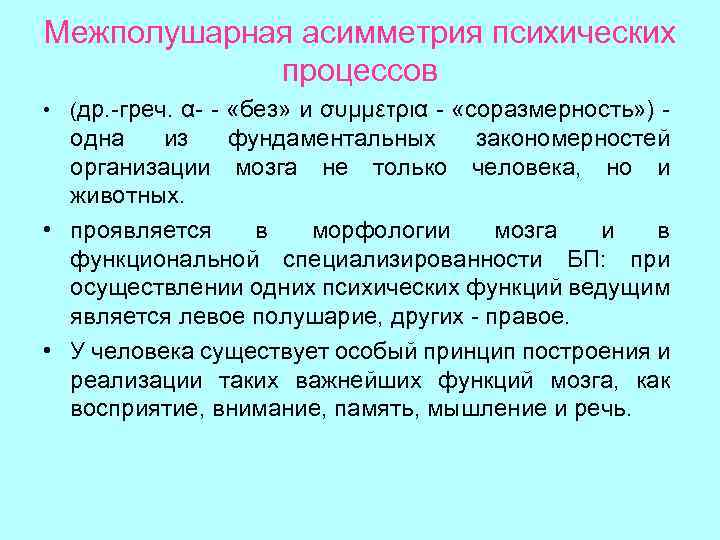 Межполушарная асимметрия психических процессов • (др. -греч. α- - «без» и συμμετρια - «соразмерность»