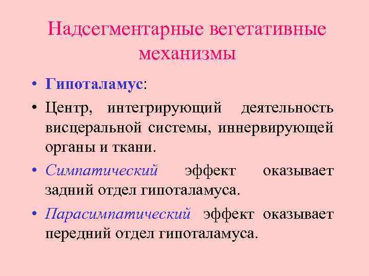 Надсегментарные вегетативные механизмы • Гипоталамус: • Центр, интегрирующий деятельность висцеральной системы, иннервирующей органы и