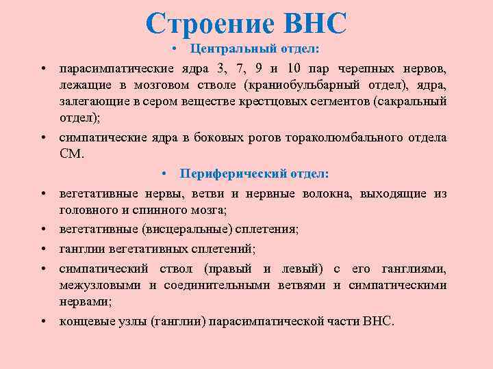 Строение ВНС • • Центральный отдел: парасимпатические ядра 3, 7, 9 и 10 пар