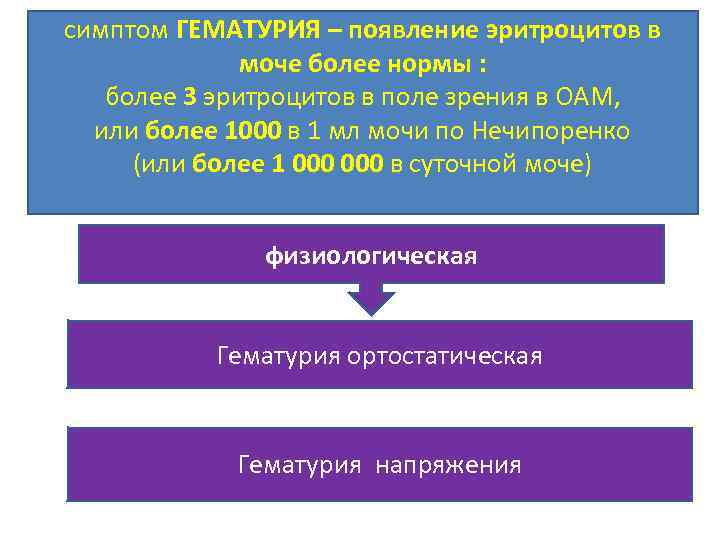 симптом ГЕМАТУРИЯ – появление эритроцитов в моче более нормы : более 3 эритроцитов в