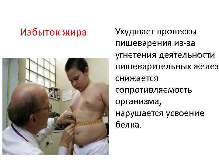 Избыток жира Ухудшает процессы пищеварения из за угнетения деятельности пищеварительных желез, снижается сопротивляемость организма,