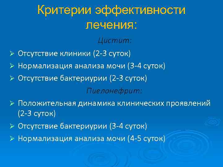 Критерии эффективности лечения: Ø Ø Ø Цистит: Отсутствие клиники (2 -3 суток) Нормализация анализа