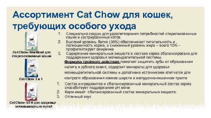 Ассортимент Cat Chow для кошек, требующих особого ухода 1. Специально создан для удовлетворения потребностей