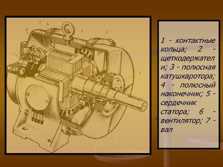 1 - контактные кольца; 2 щеткодержател и; 3 - полюсная катушкаротора; 4 - полюсный
