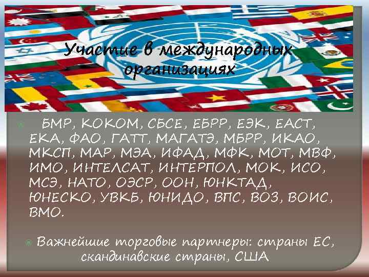 Участие в международных организациях БМР, КОКОМ, СБСЕ, ЕБРР, ЕЭК, ЕАСТ, ЕКА, ФАО, ГАТТ, МАГАТЭ,