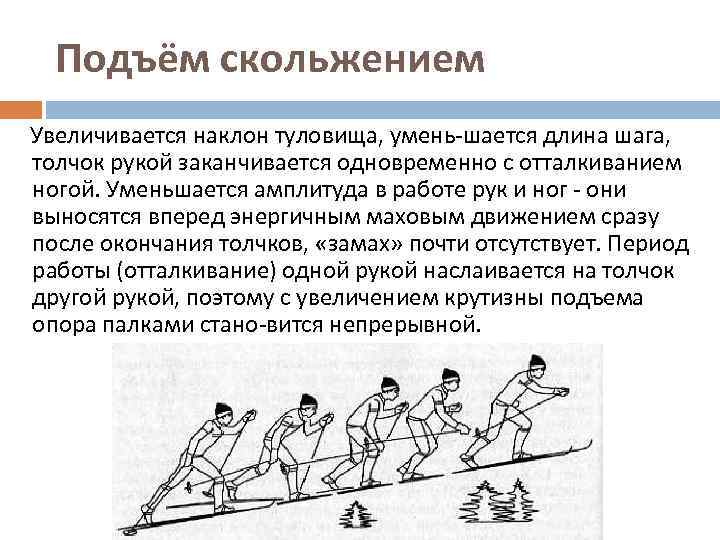 Подъём скольжением Увеличивается наклон туловища, умень шается длина шага, толчок рукой заканчивается одновременно с