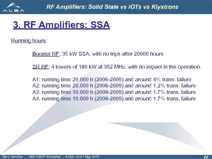 RF Amplifiers: Solid State vs IOTs vs Klystrons 3. RF Amplifiers: SSA Running hours: