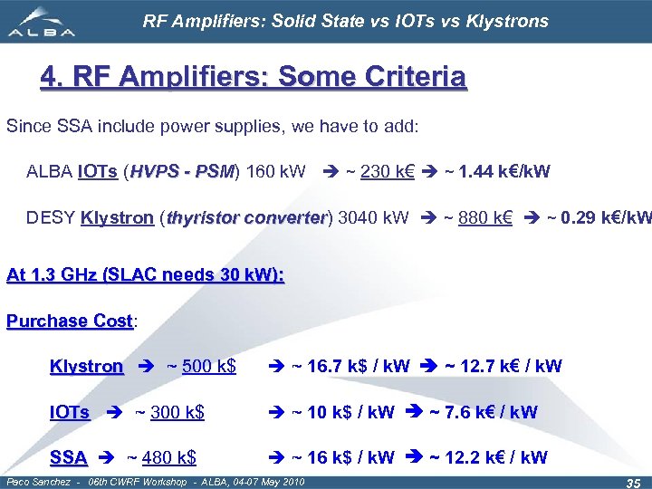 RF Amplifiers: Solid State vs IOTs vs Klystrons 4. RF Amplifiers: Some Criteria Since
