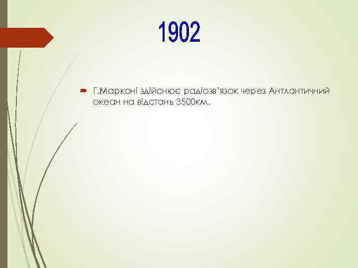  Г. Марконі здійснює радіозв’язок через Антлантичний океан на відстань 3500 км. 