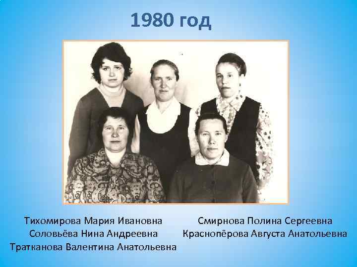 1980 год Тихомирова Мария Ивановна Смирнова Полина Сергеевна Соловьёва Нина Андреевна Краснопёрова Августа Анатольевна