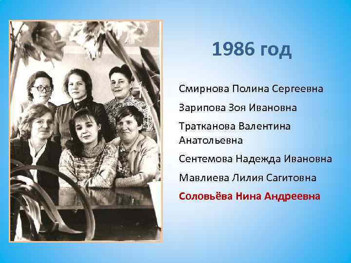 1986 год Смирнова Полина Сергеевна Зарипова Зоя Ивановна Тратканова Валентина Анатольевна Сентемова Надежда Ивановна