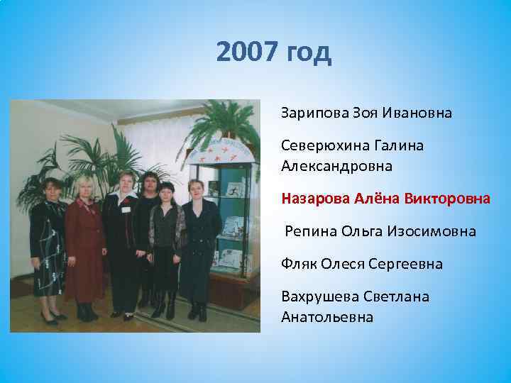 2007 год Зарипова Зоя Ивановна Северюхина Галина Александровна Назарова Алёна Викторовна Репина Ольга Изосимовна