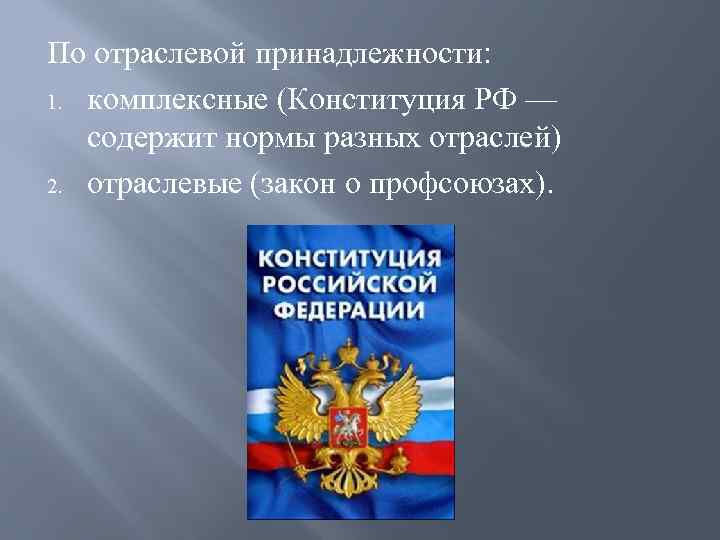 По отраслевой принадлежности: 1. комплексные (Конституция РФ — содержит нормы разных отраслей) 2. отраслевые