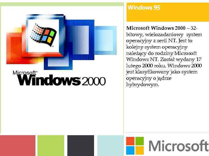 Windows 95 Microsoft Windows 2000 – 32 - bitowy, wielozadaniowy system operacyjny z serii